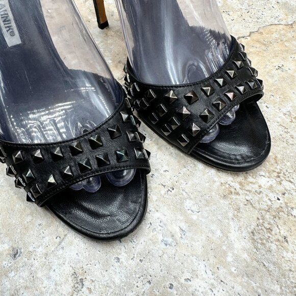 Manolo Blahnik Black Studded Leather Heels Sandals Womens Ankle Strap Size 39 - Picture 10 of 12
